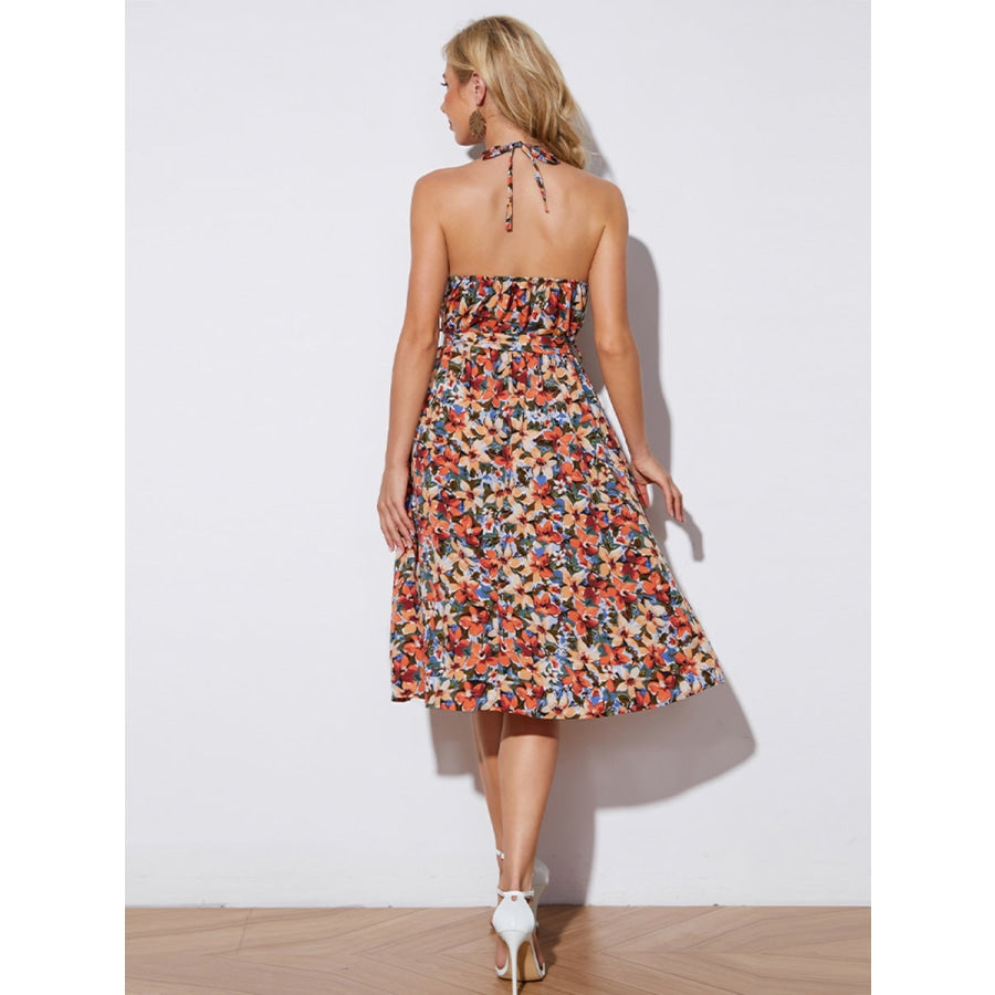 Floral Halter Neck Tie-Waist Backless Dress