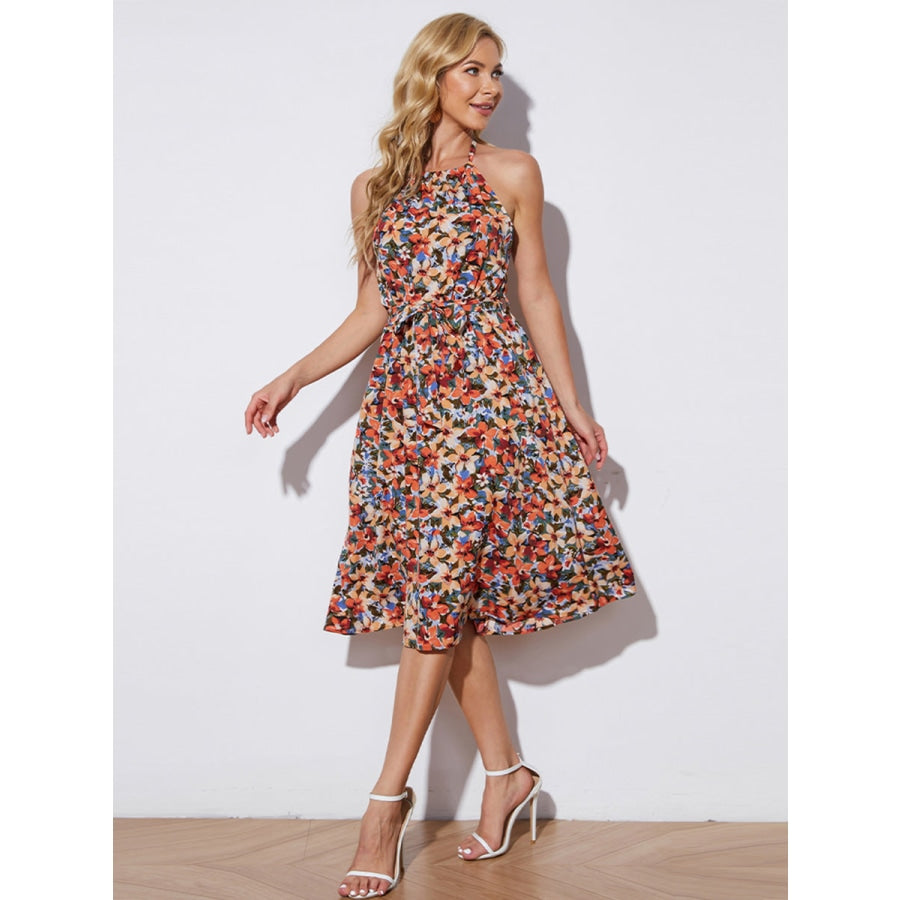 Floral Halter Neck Tie-Waist Backless Dress