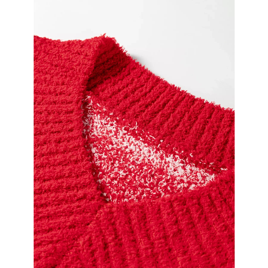 Floral Heart Checkered V-Neck Sweater Apparel and Accessories