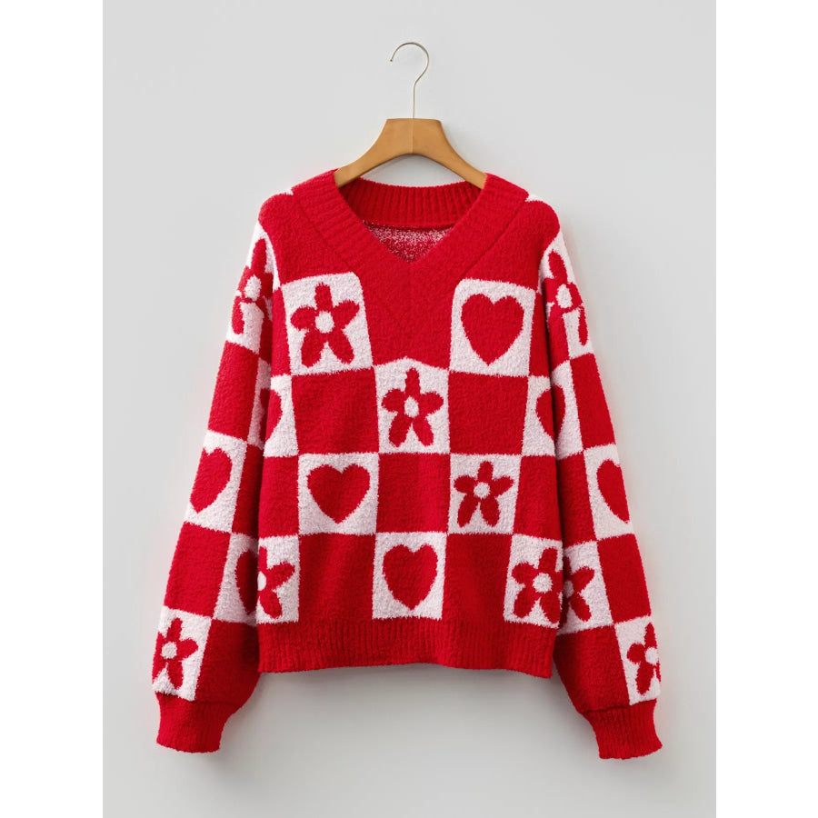 Floral Heart Checkered V-Neck Sweater Apparel and Accessories
