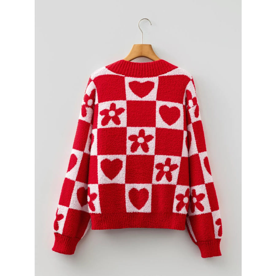 Floral Heart Checkered V-Neck Sweater Apparel and Accessories