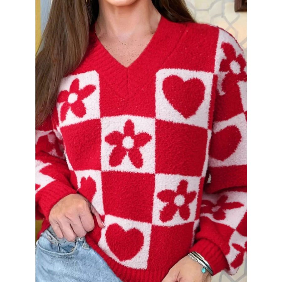 Floral Heart Checkered V-Neck Sweater Red / S Apparel and Accessories
