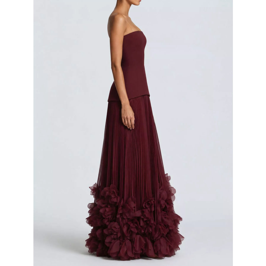 Floral Hem Evening Maxi Dress Burgundy / XS Apparel and Accessories