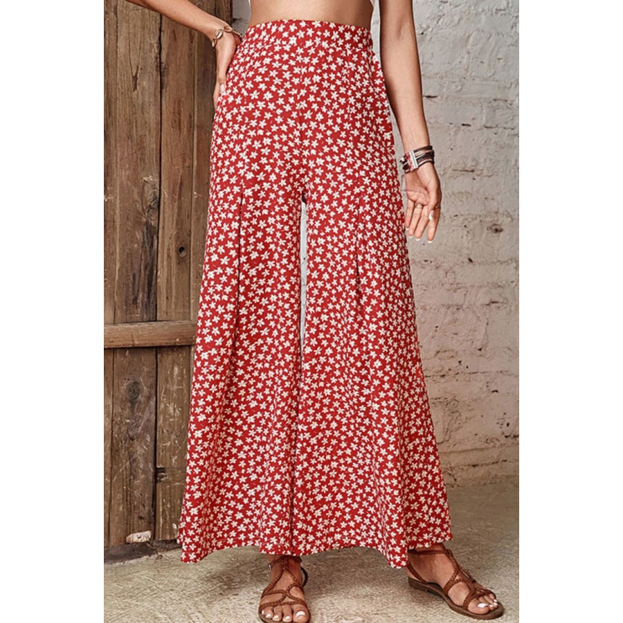 Floral High-Rise Wide Leg Flare Pants Deep Red / S