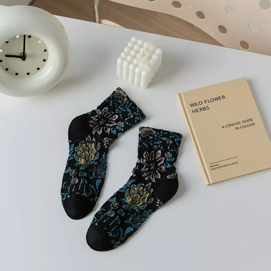 Floral Jacquard Crew Socks Black / One Size Apparel and Accessories