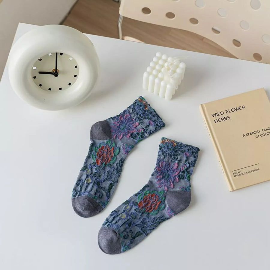 Floral Jacquard Crew Socks Blue / One Size Apparel and Accessories