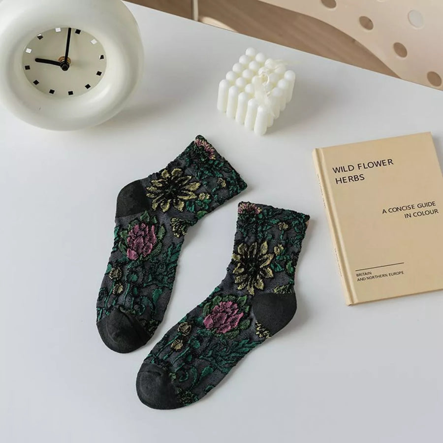 Floral Jacquard Crew Socks Dark Gray / One Size Apparel and Accessories