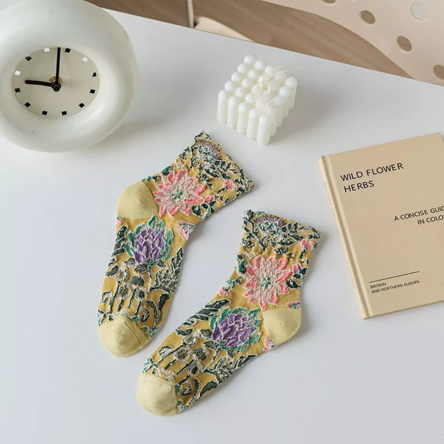 Floral Jacquard Crew Socks Yellow / One Size Apparel and Accessories