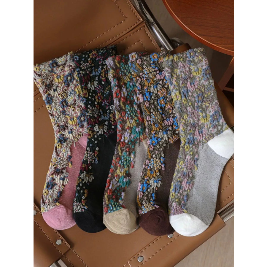 Floral Jacquard Textured Crew Socks Set Caramel / One Size Apparel and Accessories