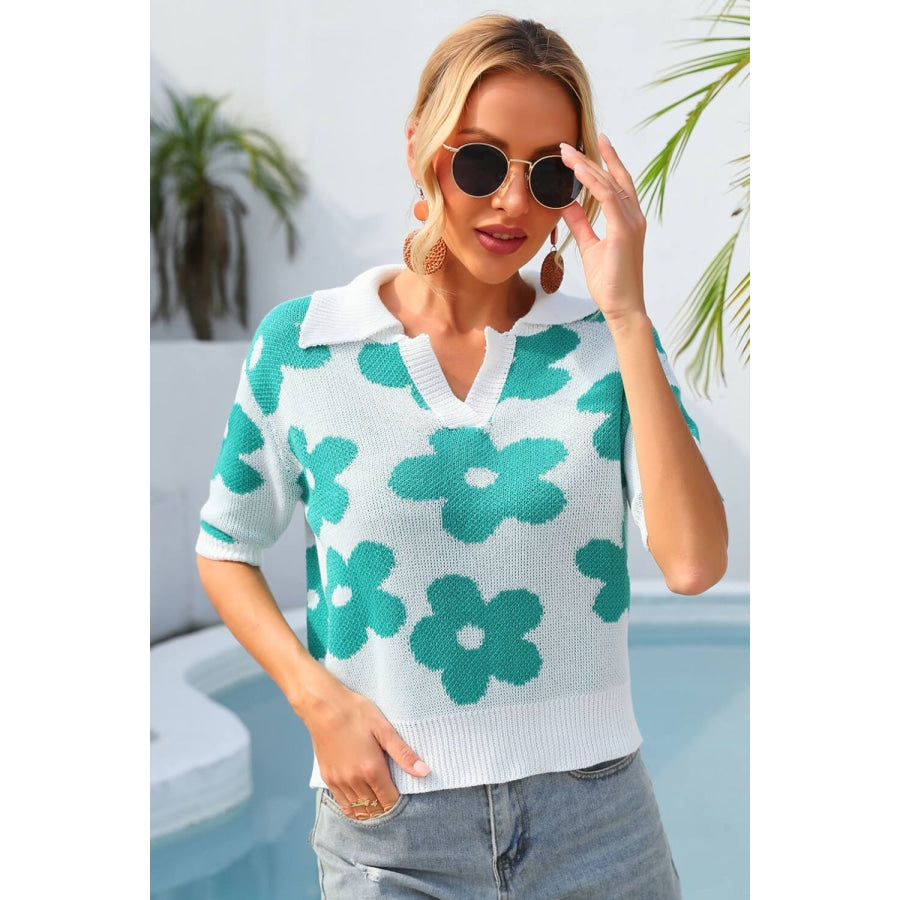 Floral Johnny Collar Half Sleeve Knit Top Teal / S