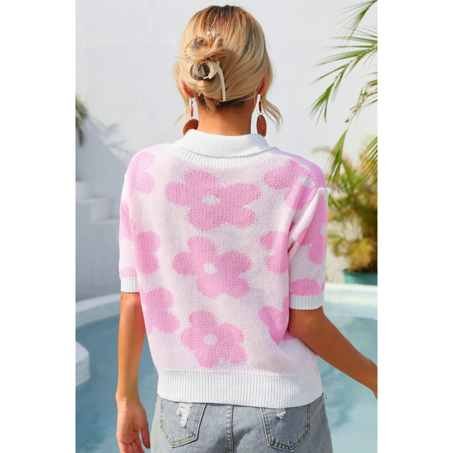 Floral Johnny Collar Half Sleeve Knit Top