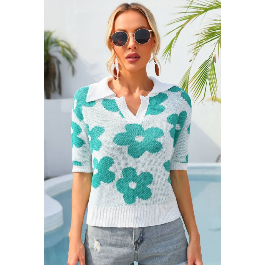 Floral Johnny Collar Half Sleeve Knit Top