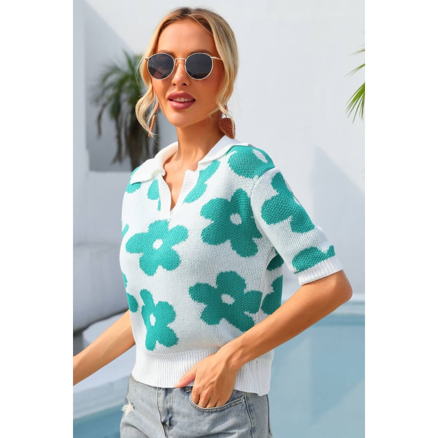 Floral Johnny Collar Half Sleeve Knit Top