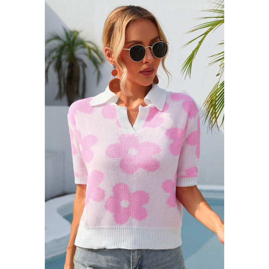 Floral Johnny Collar Half Sleeve Knit Top