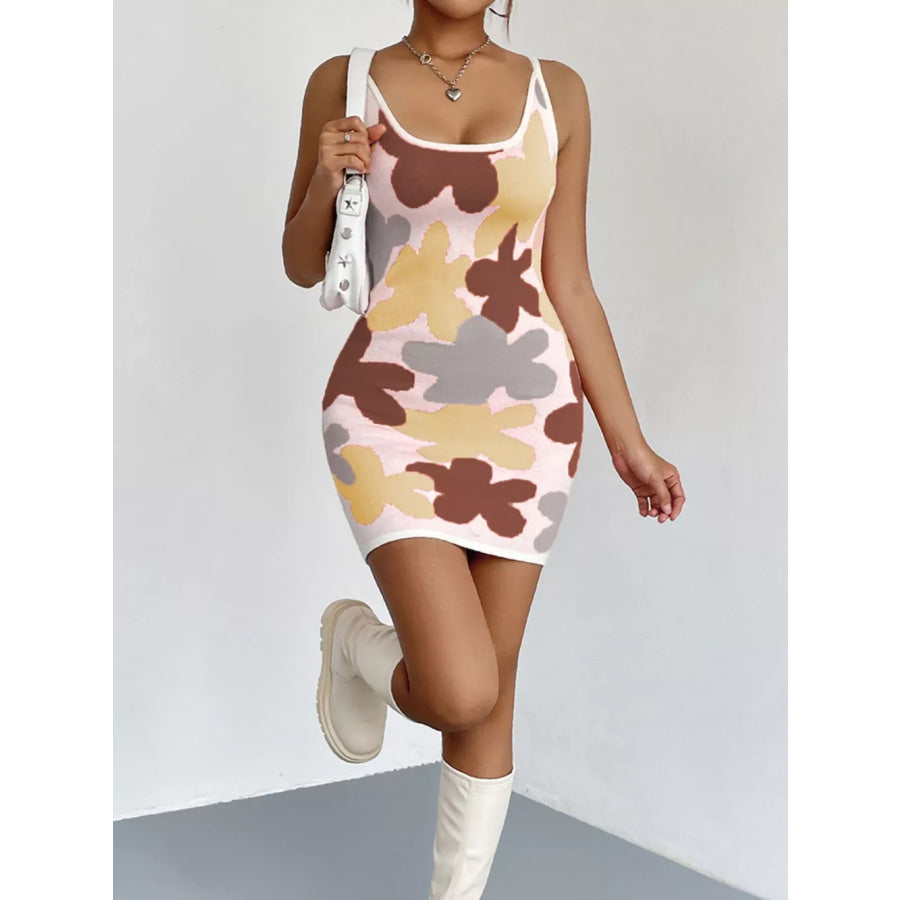 Floral Knit Scoop Neck Mini Dress Brown / S Apparel and Accessories