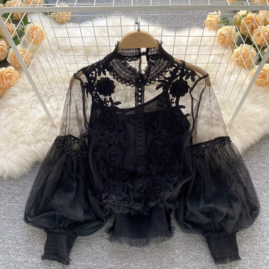 Floral Lace Blouse & Cami Set Black / One Size Apparel and Accessories