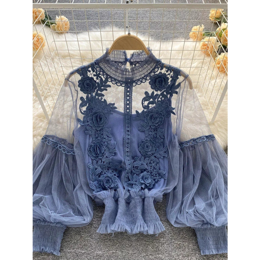 Floral Lace Blouse & Cami Set Blue / One Size Apparel and Accessories