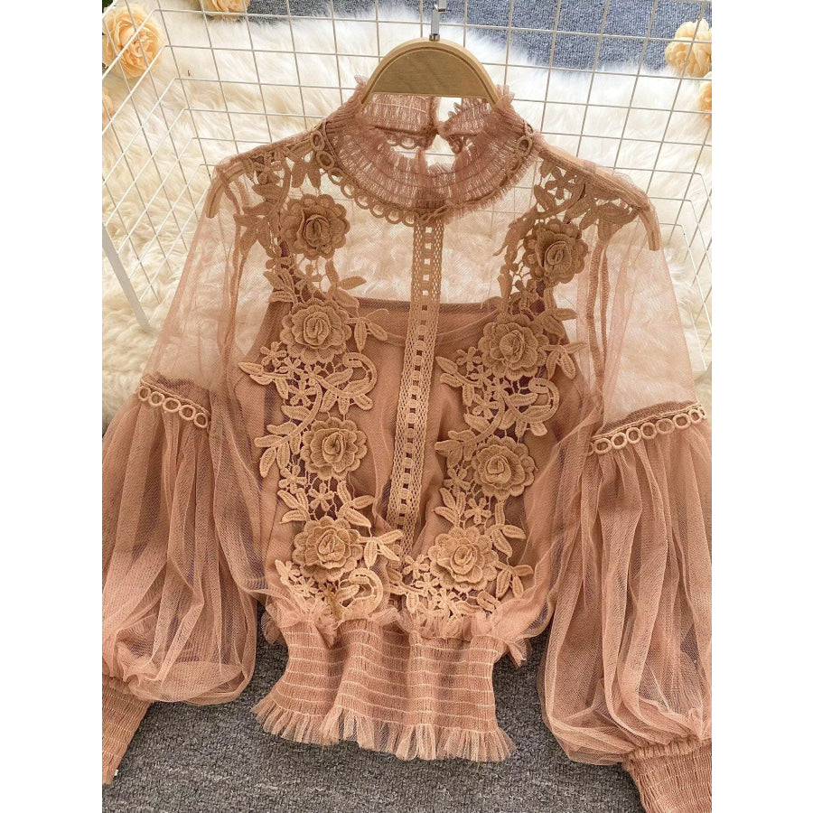 Floral Lace Blouse & Cami Set Light Brown / One Size Apparel and Accessories