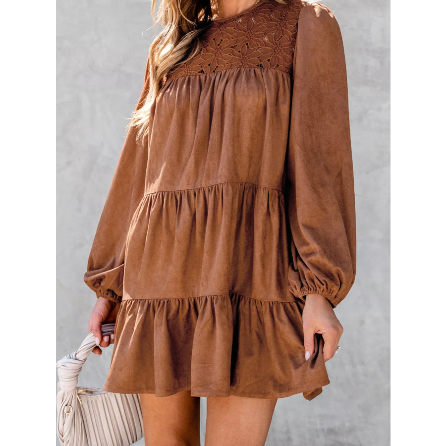 Floral Lace Crochet Tiered Ruffled Mini Dress Apparel and Accessories