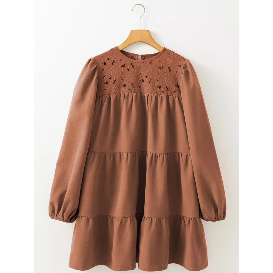 Floral Lace Crochet Tiered Ruffled Mini Dress Apparel and Accessories