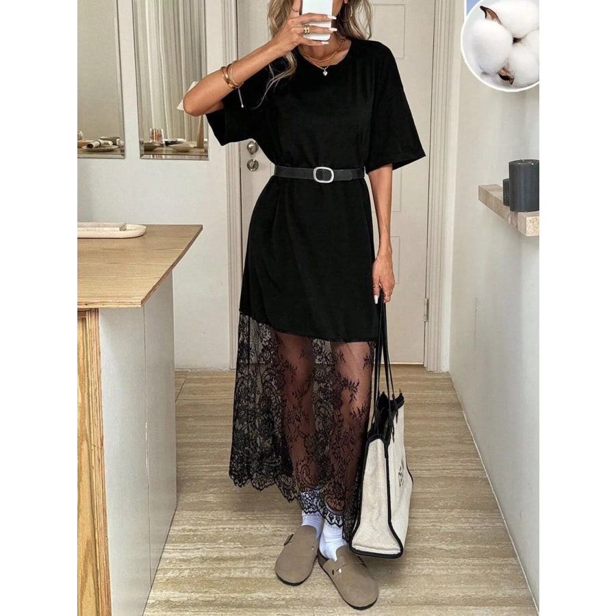Floral Lace Hem Short Sleeve Tee Dress Apparel and Accessories
