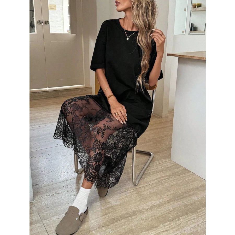 Floral Lace Hem Short Sleeve Tee Dress Apparel and Accessories