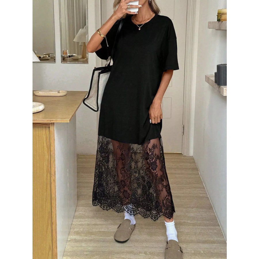 Floral Lace Hem Short Sleeve Tee Dress Apparel and Accessories
