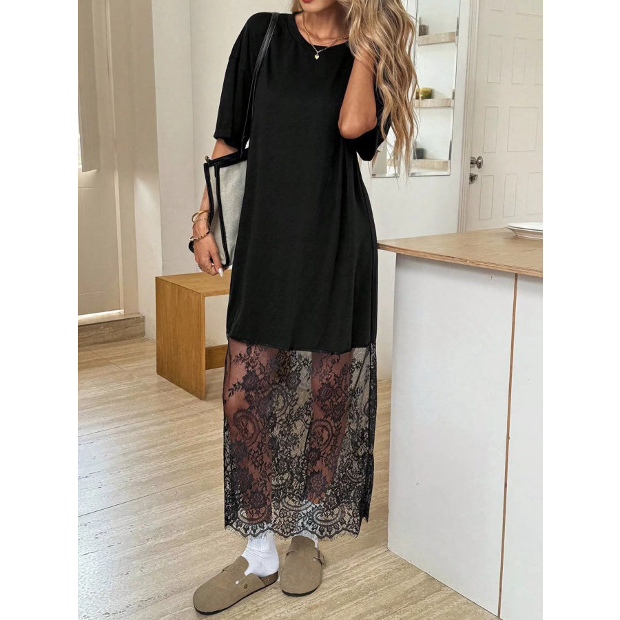 Floral Lace Hem Short Sleeve Tee Dress Black / S Apparel and Accessories