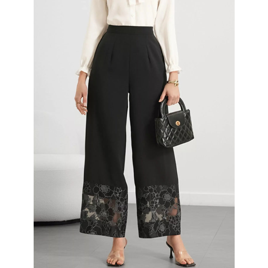 Floral Lace Hem Wide Leg Pants Apparel and Accessories
