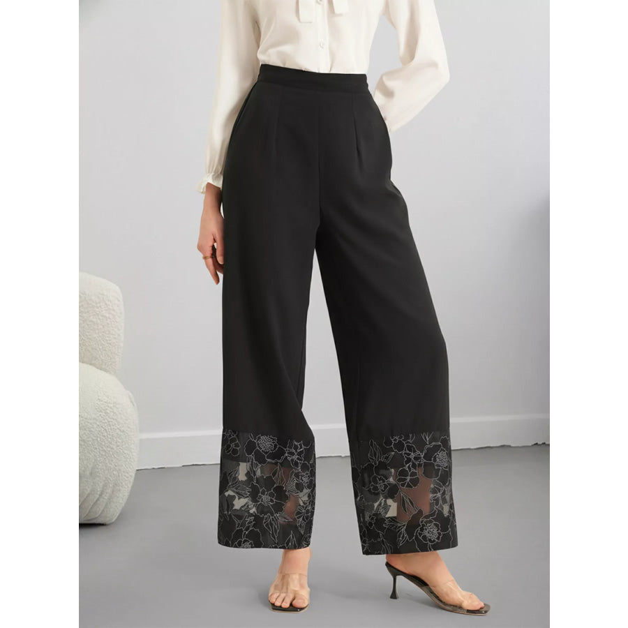 Floral Lace Hem Wide Leg Pants Black / S Apparel and Accessories