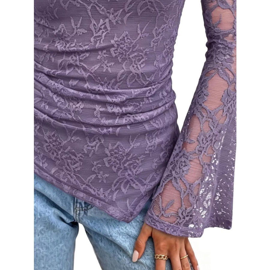 Floral Lace Long Sleeve Blouse with Flared Cuffs Apparel and Accessories