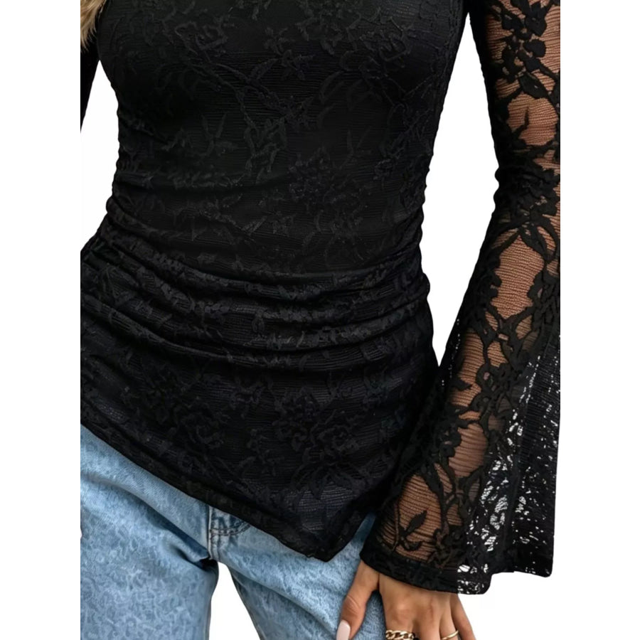 Floral Lace Long Sleeve Blouse with Flared Cuffs Apparel and Accessories