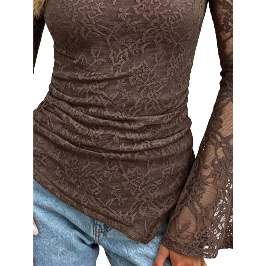 Floral Lace Long Sleeve Blouse with Flared Cuffs Apparel and Accessories