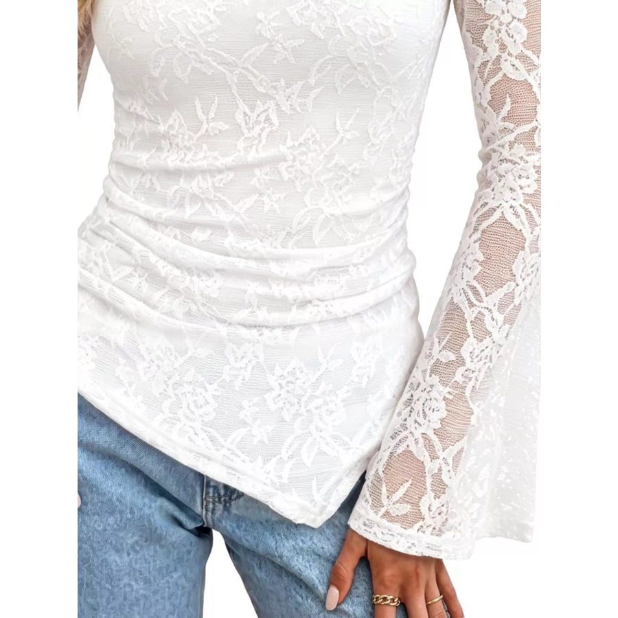 Floral Lace Long Sleeve Blouse with Flared Cuffs Apparel and Accessories