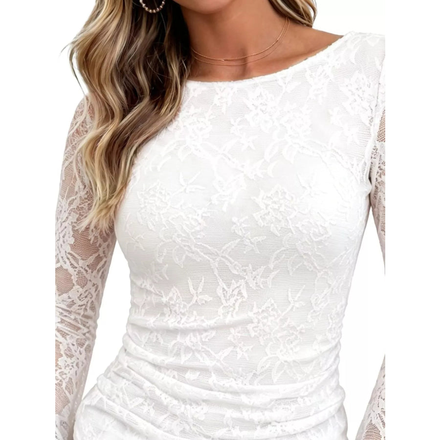 Floral Lace Long Sleeve Blouse with Flared Cuffs Apparel and Accessories
