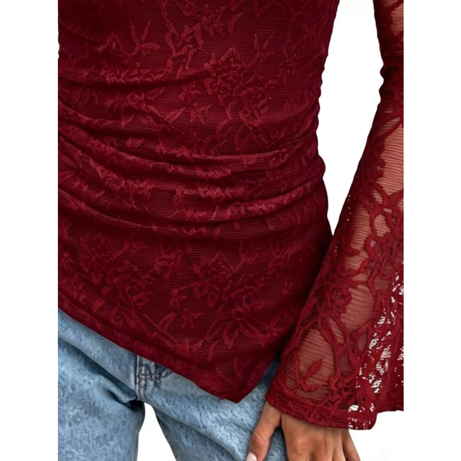 Floral Lace Long Sleeve Blouse with Flared Cuffs Apparel and Accessories