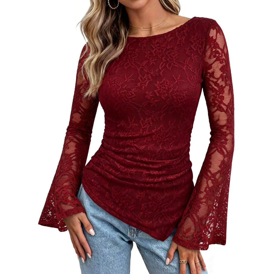 Floral Lace Long Sleeve Blouse with Flared Cuffs Wine Red / S Apparel and Accessories