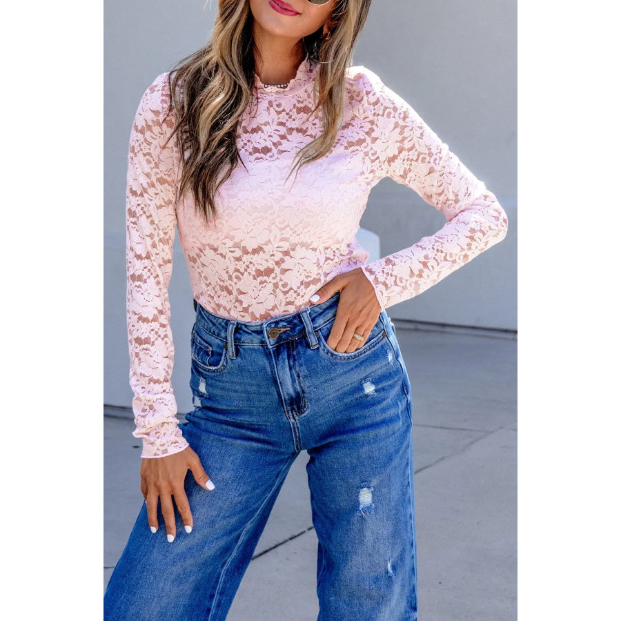 Floral Lace Long Sleeve Stand Neck Pullover Top Apparel and Accessories