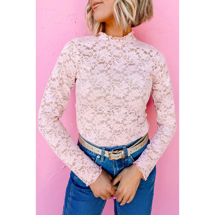 Floral Lace Long Sleeve Stand Neck Pullover Top Apparel and Accessories