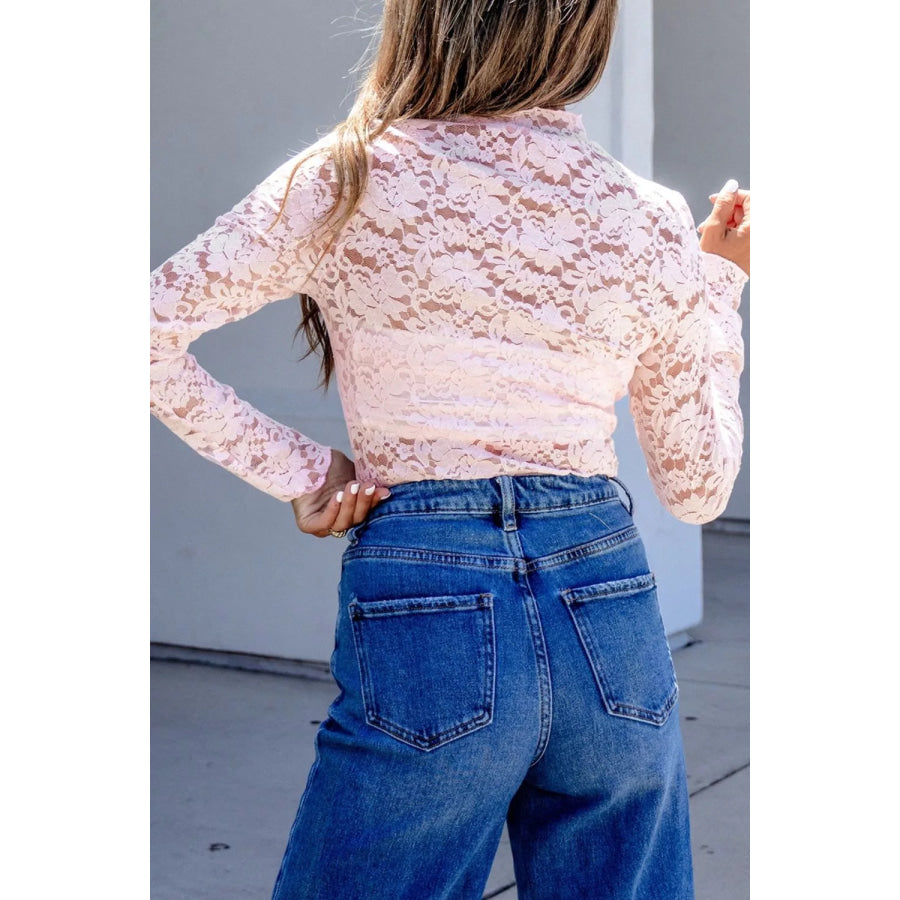 Floral Lace Long Sleeve Stand Neck Pullover Top Apparel and Accessories