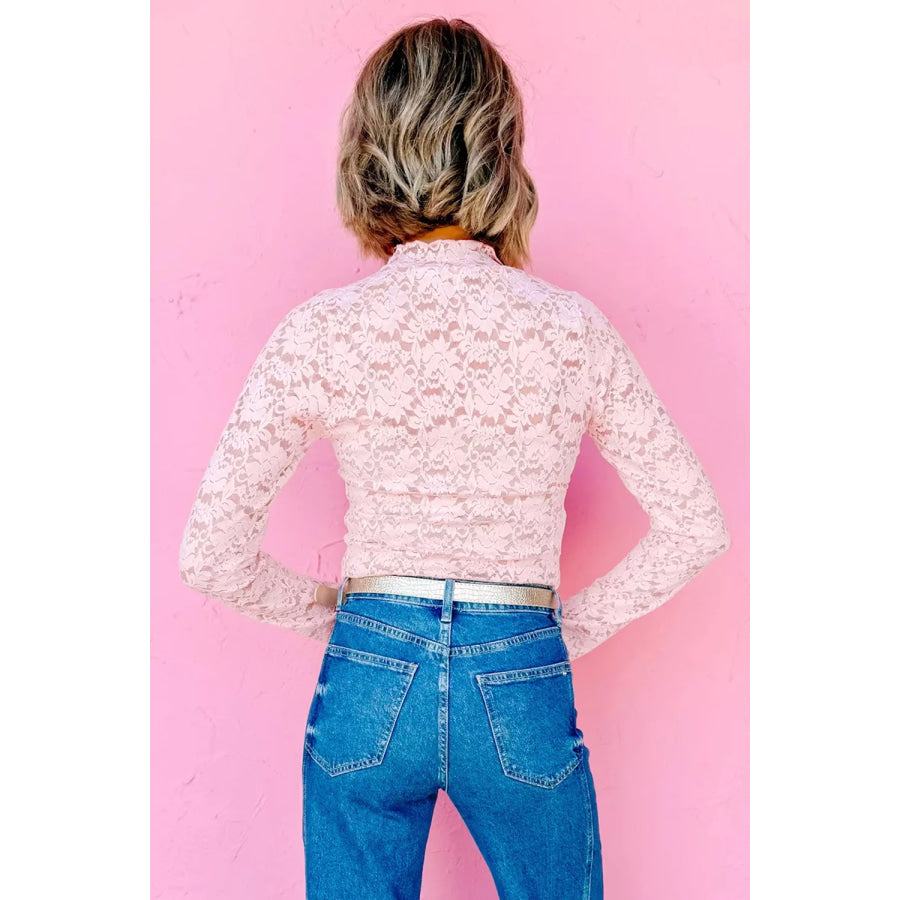 Floral Lace Long Sleeve Stand Neck Pullover Top Apparel and Accessories
