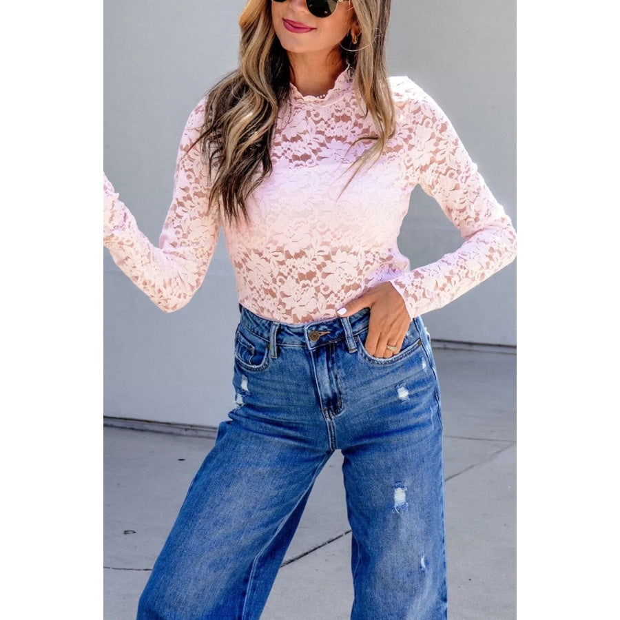 Floral Lace Long Sleeve Stand Neck Pullover Top Blush Pink / S Apparel and Accessories