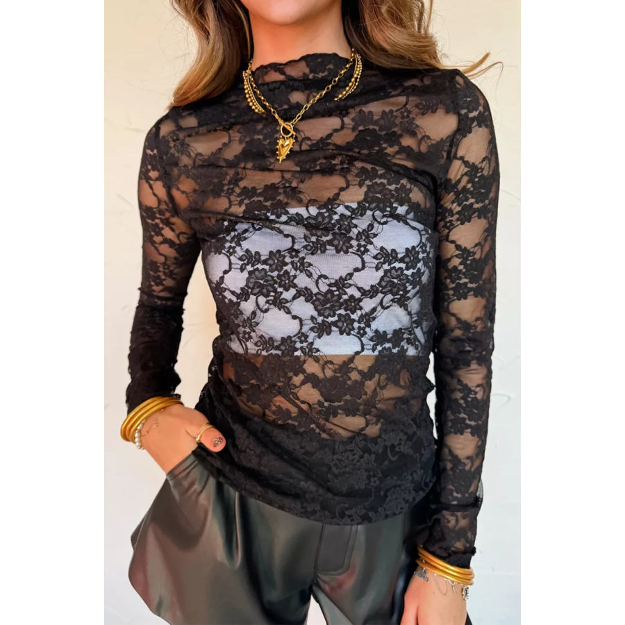 Floral Lace Long Sleeve Top Black / S Apparel and Accessories