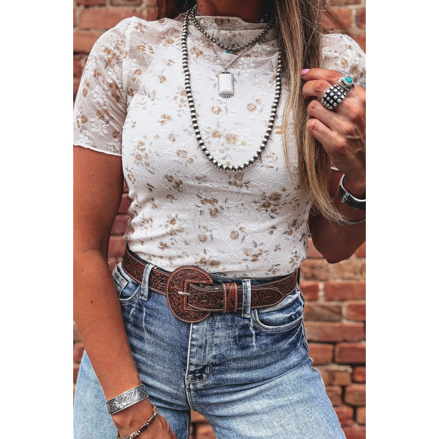 Floral Lace Mock Neck Fitted T-Shirt Apparel and Accessories