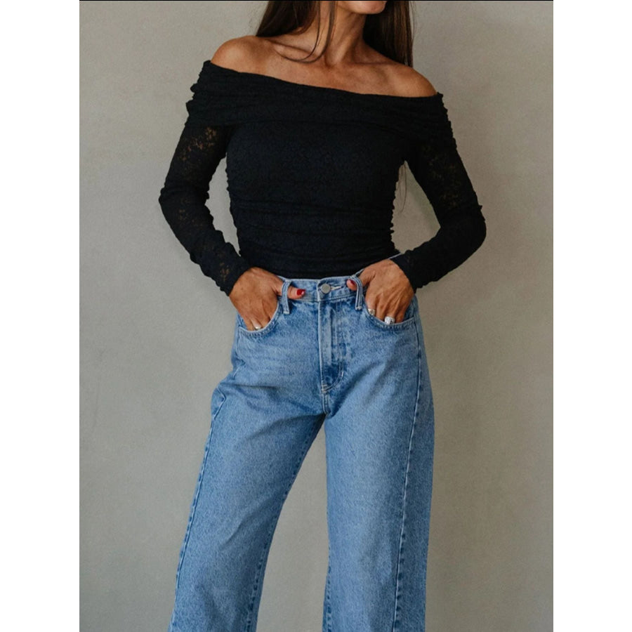 Floral Lace Off-shoulder Long Sleeve Slim Top Apparel and Accessories