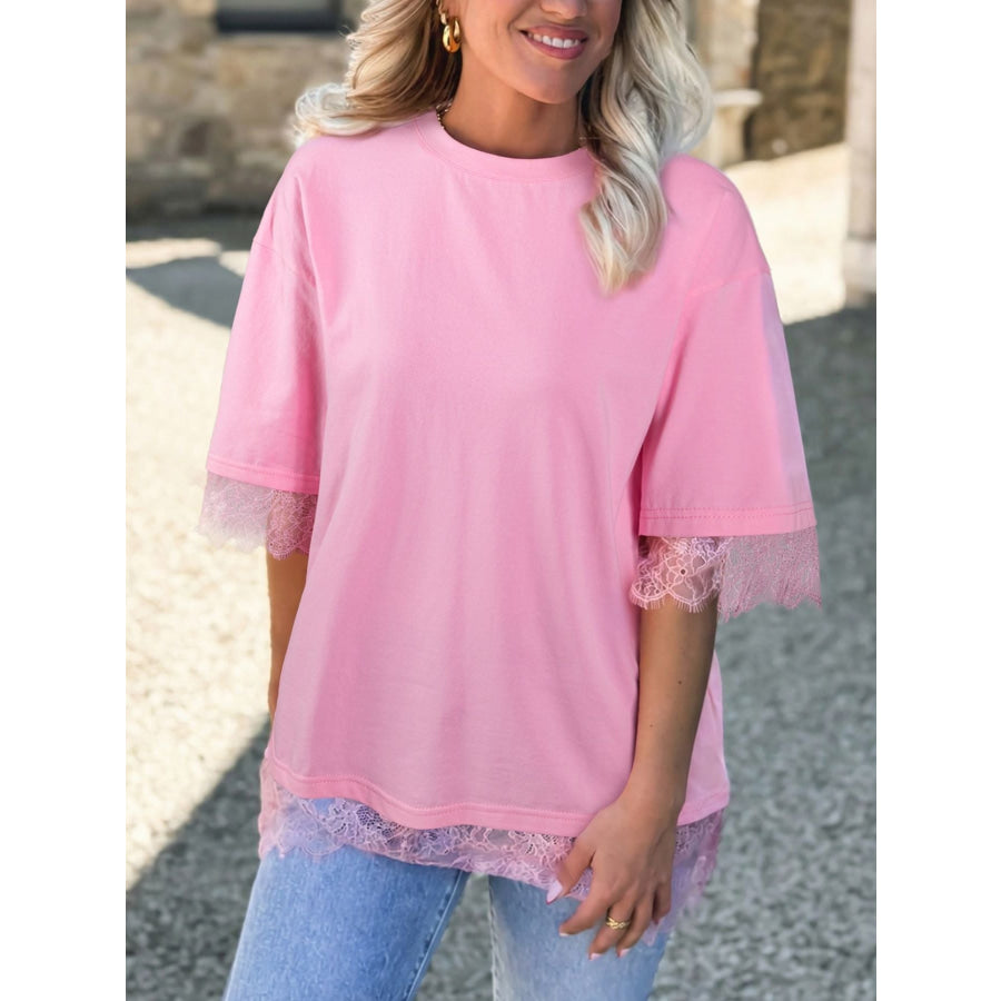 Floral Lace Patchwork Half Sleeve Oversize Tee Apparel and Accessories