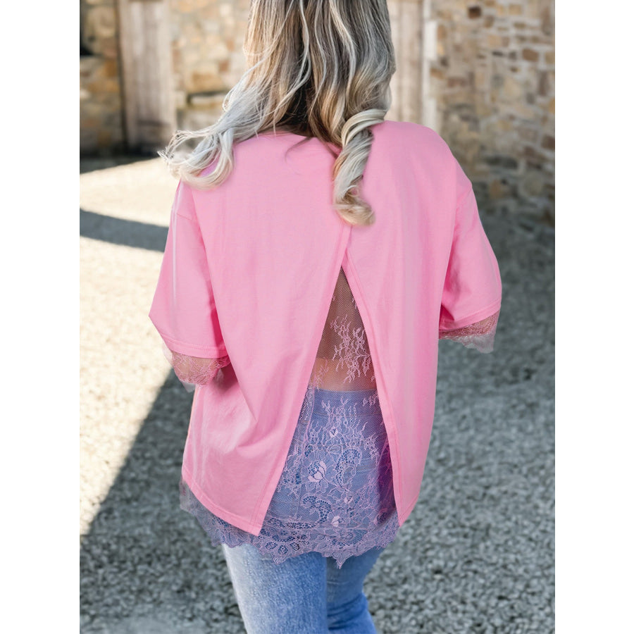 Floral Lace Patchwork Half Sleeve Oversize Tee Pink / S Apparel and Accessories