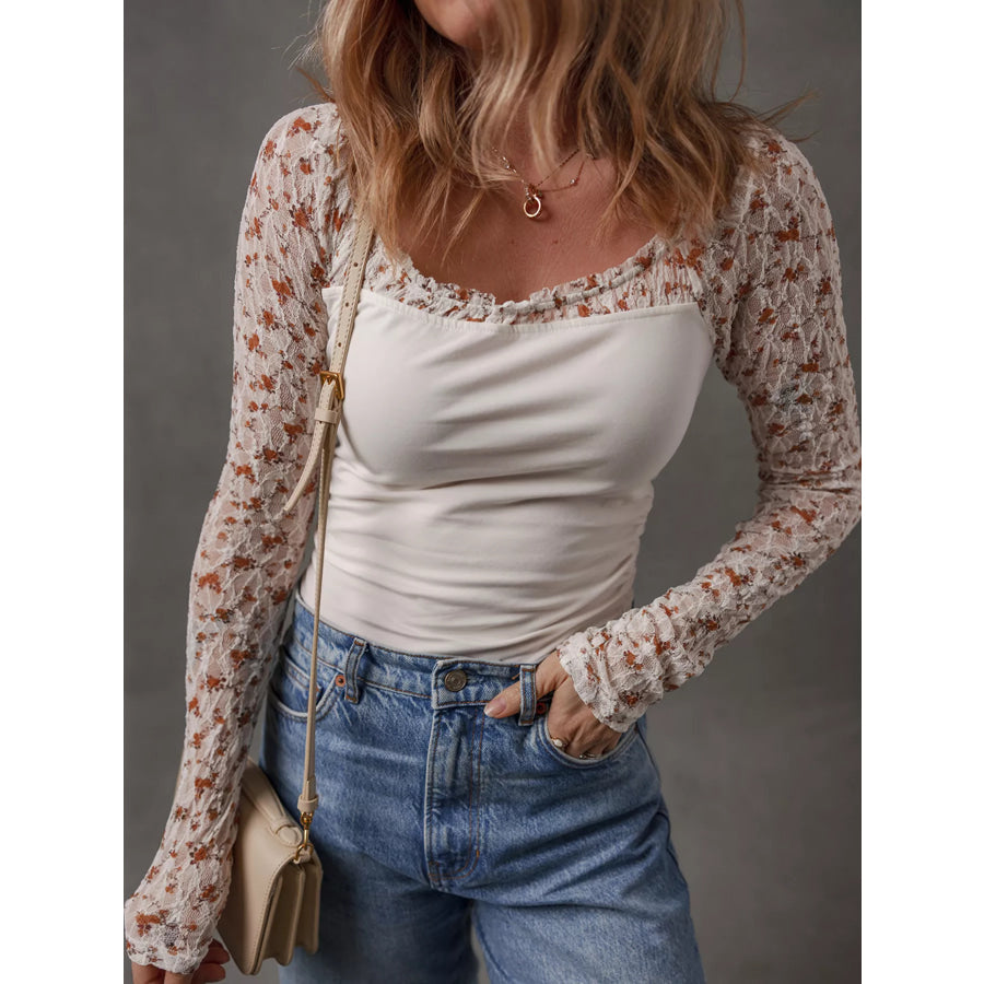 Floral Lace Patchwork Square Neck Long Sleeve Top Apparel and Accessories