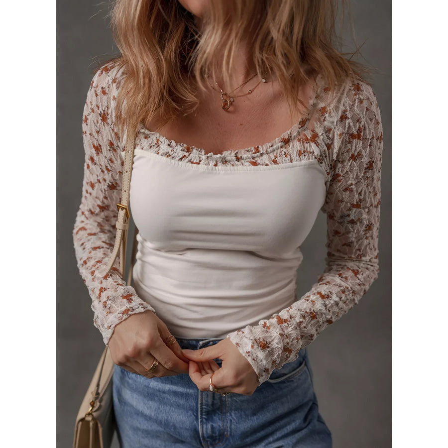 Floral Lace Patchwork Square Neck Long Sleeve Top Apparel and Accessories