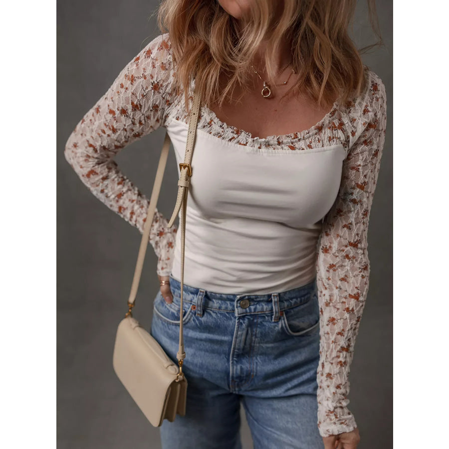 Floral Lace Patchwork Square Neck Long Sleeve Top Apparel and Accessories
